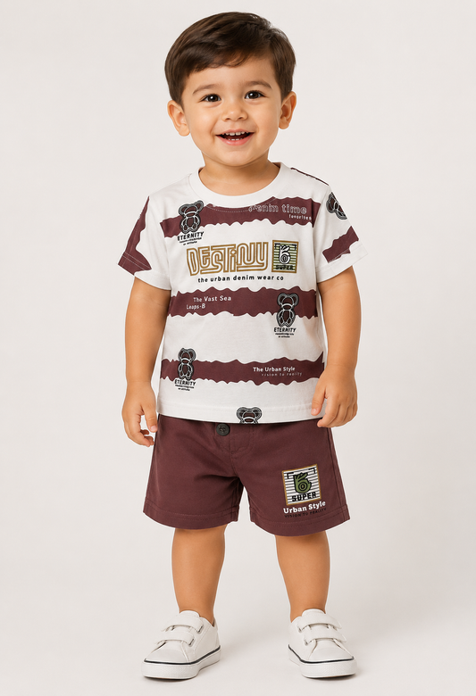 Destiny Urban Denim Bear Stripe Tee & Shorts Set