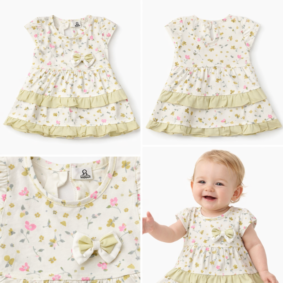Baby dress with floral pattern and ruffles, displayed in a collage with a baby wearing the dress.