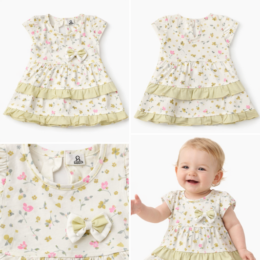 Baby dress with floral pattern and ruffles, displayed in a collage with a baby wearing the dress.