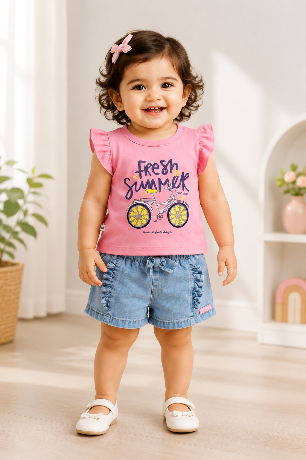 Fresh Summer Flutter Top & Denim Shorts Set