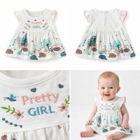 Baby Girls White Printed Cotton Frock (Pretty Girl Embroidery)
