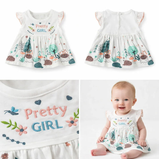 Baby dress with 'Pretty Girl' text and nature-themed print, displayed with a baby model.
