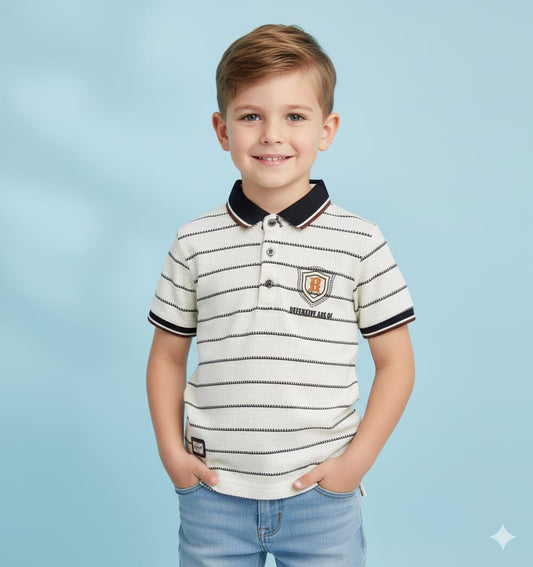 Boys White & Black Striped Polo T-Shirt – 4Y to 17Y