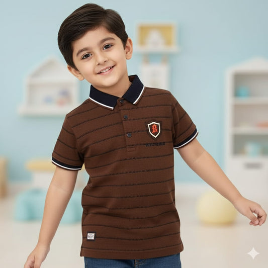 Boys Brown Striped Polo T-Shirt with Badge – 4Y to 17Y
