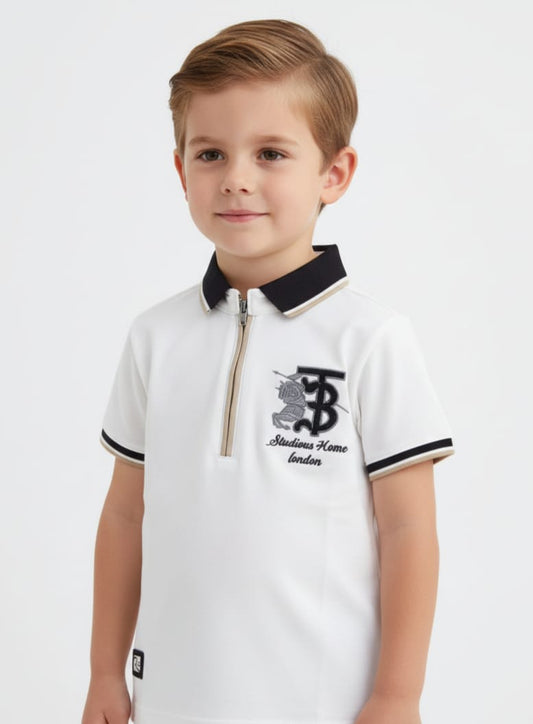 Boys White Zip-Collar Polo T-Shirt – 5Y to 17Y