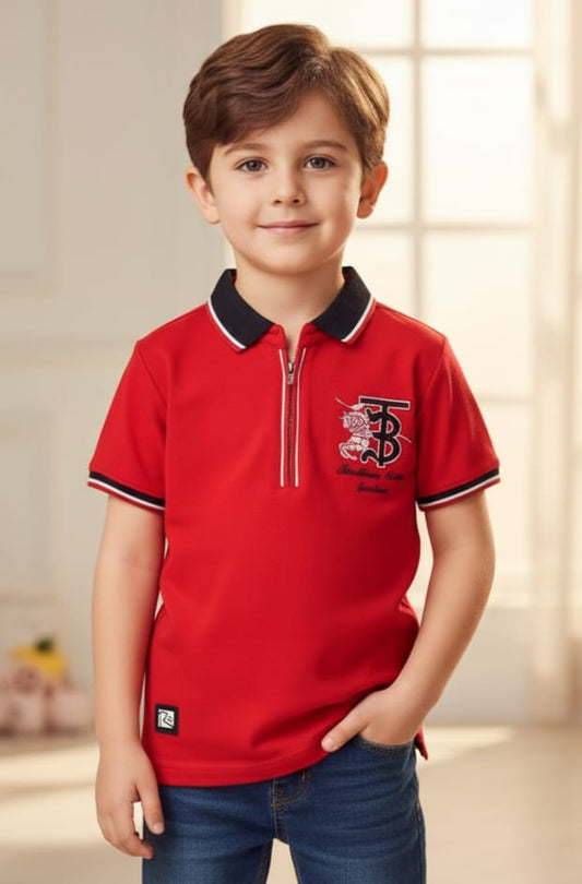 Boys Red Zip-Collar Polo T-Shirt – 5Y to 17Y