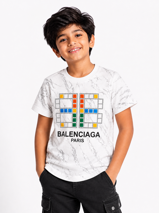 White Marble Texture Boys Graphic T-Shirt | Colourful Pixel Mosaic Print | 6-12 Years