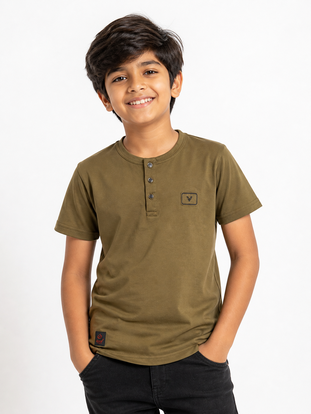Olive Green Henley Boys T-Shirt | Snap Button Placket & Brand Patch | 6-12 Years