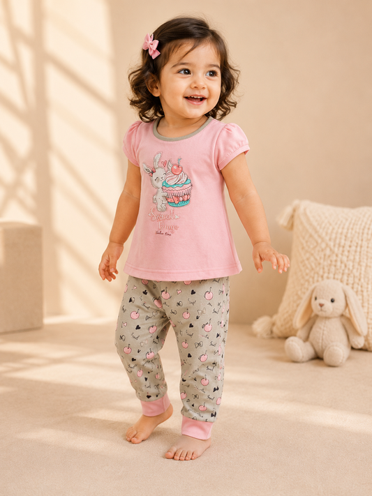 Sweet Bunny Cupcake Top & Printed Pyjama Set