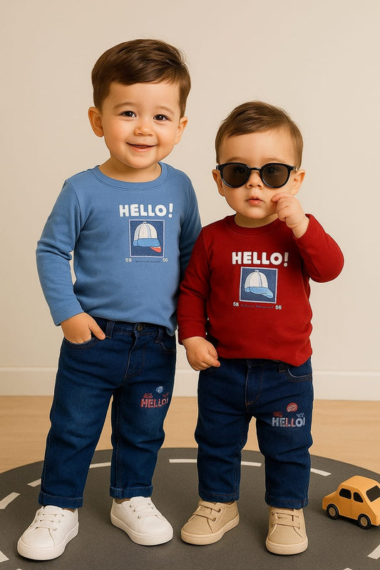 "Mini Buddies ‘HELLO!’ Twin Set – Sky Blue & Maroon"