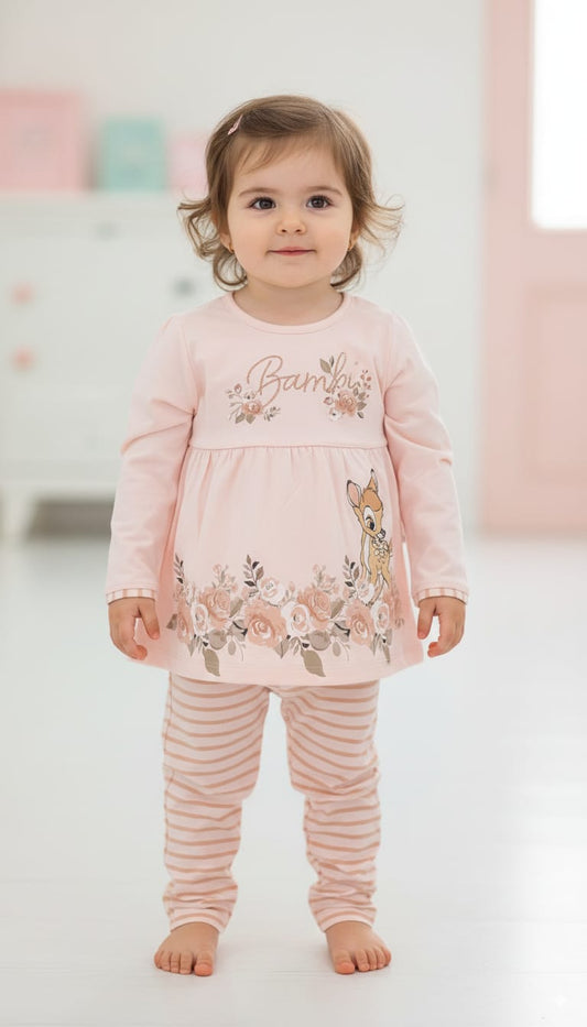 Girls Pink Bambi Floral Tunic & Striped Leggings Set – 3 to 6 Years