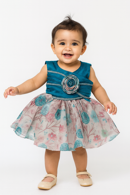 Elegant Floral Party Frock – Teal & Pastel Charm (1–4 Years)