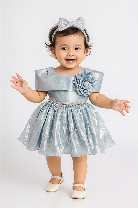 Elegant Silver Shine Party Dress for Girls (1–4 Years)