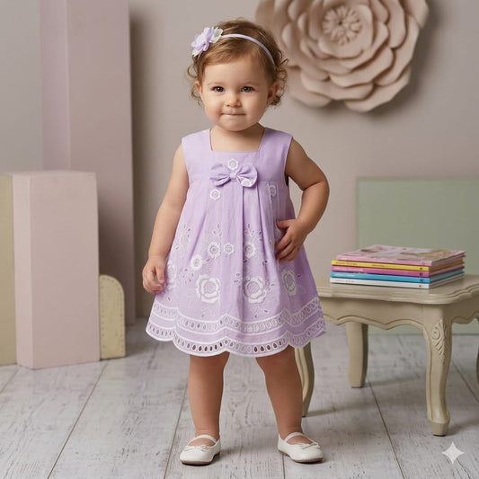 Elegant Lavender Floral Embroidered Baby Dress with Eyelet Scalloped Hem