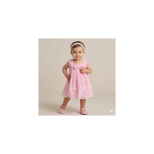 Darling Candy Pink Floral Embroidered Dress with Scalloped Eyelet Hem