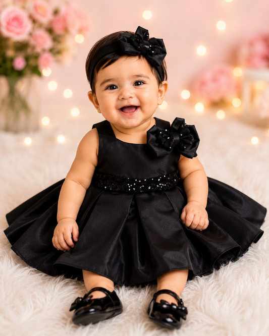 Black Satin Party Frock Set for Baby Girls | 0–9 Months