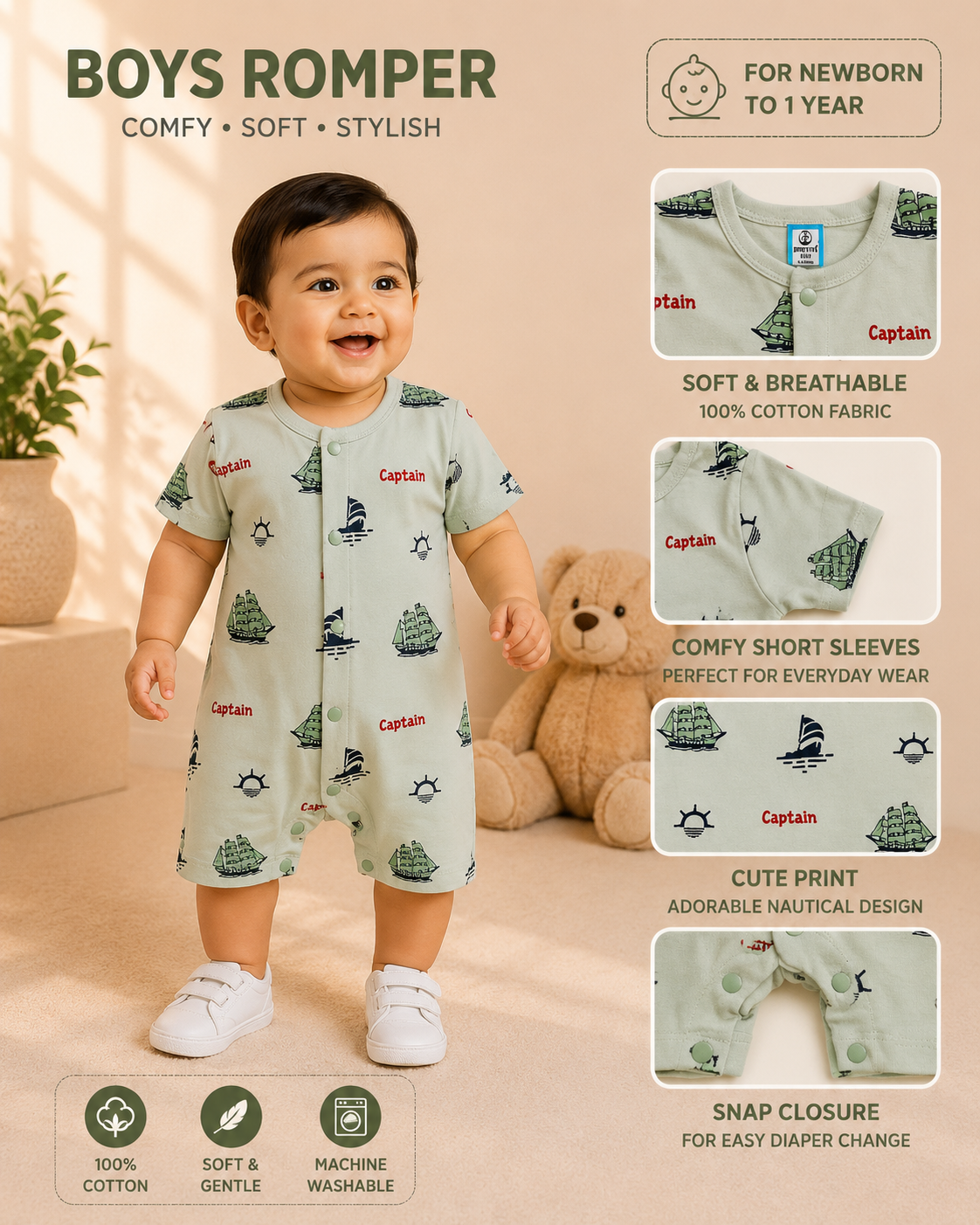 Captain Nautical Print Romper for Baby Boys