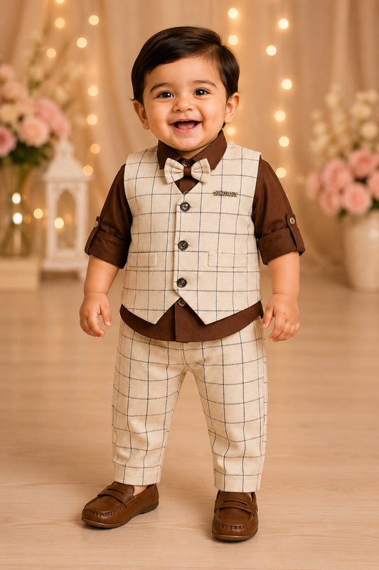 Brown & Cream Check 3-Piece Party Wear Set with Nehru Koti & Bow Tie | Baby Boys | 0–2 Years
