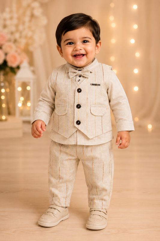 Beige 3-Piece Party Wear Set with Koti & Bow Tie for Baby Boys | 0–2 Years