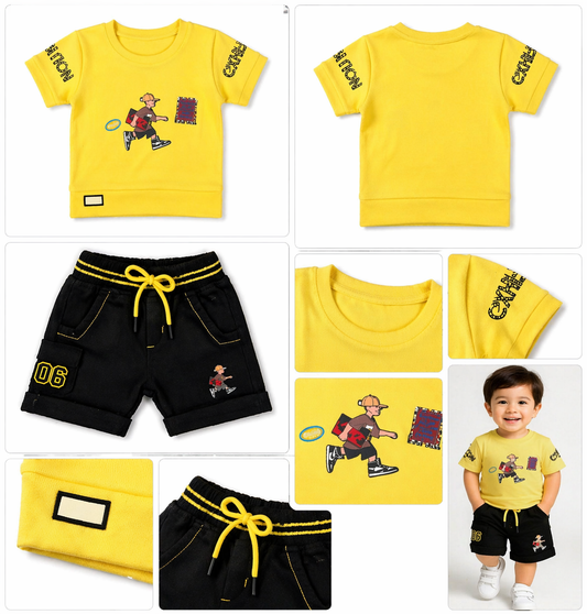 Boys Yellow Printed T-Shirt & Black Shorts Set