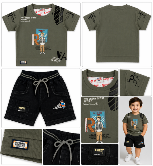 Boys Olive Printed T-Shirt & Black Shorts Set