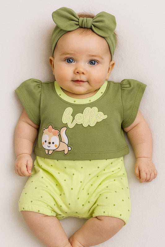 Baby Girl "Hello Squirrel" Summer Romper Set with Headband – Peach & Olive Green