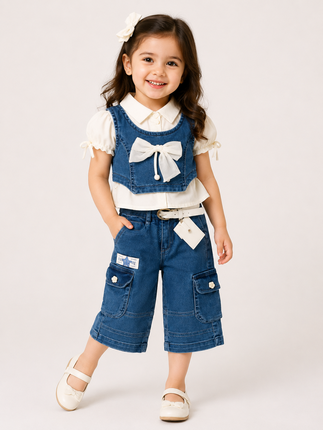 Denim Vest Bow & Cargo Capri Set