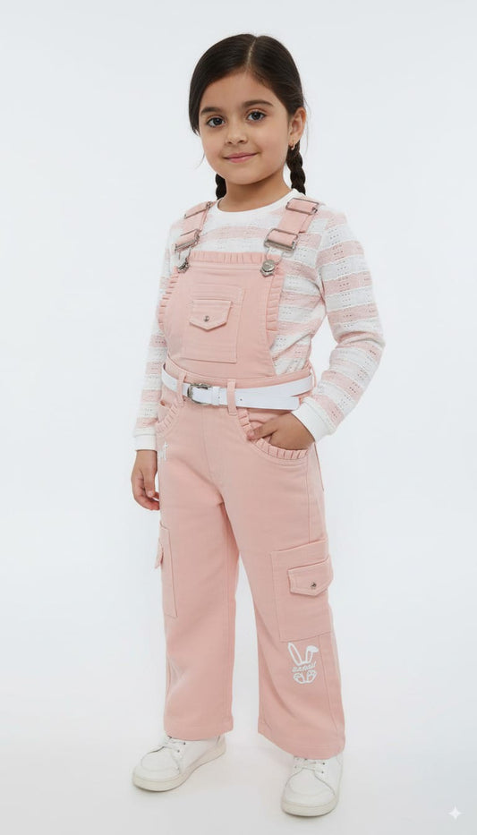Blush Pink Dungaree Set with Striped Top – 4 to 12 Years