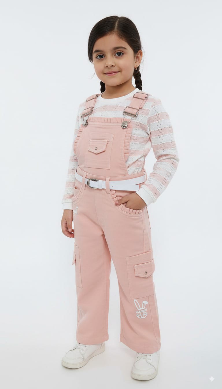 Girls Pink Dungaree with Striped Top – 4Y to 12Y
