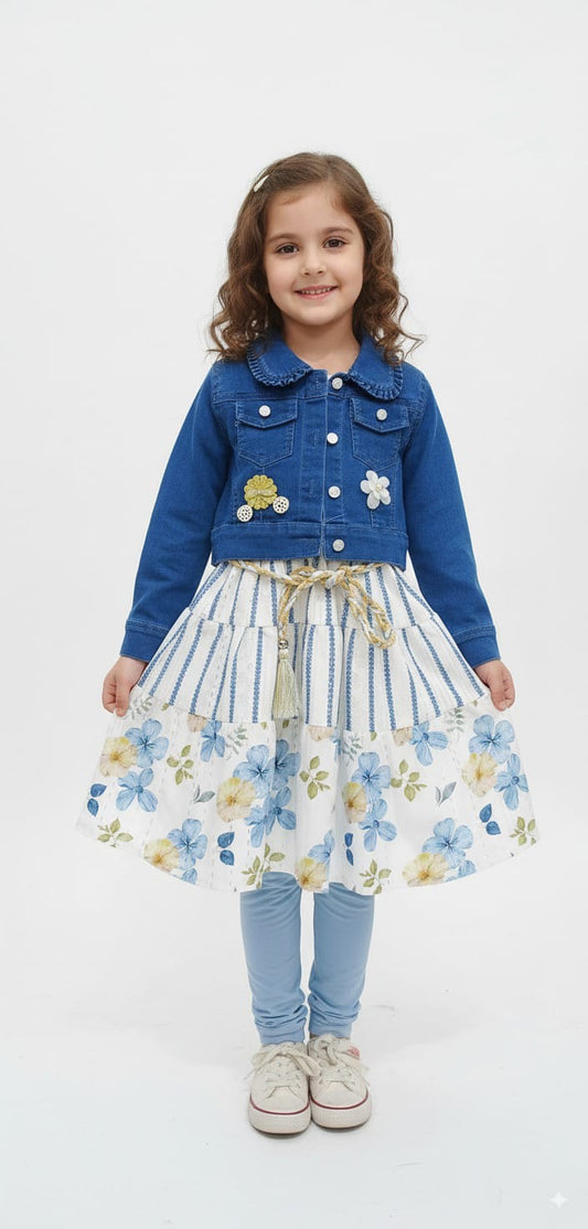Girls Denim Jacket with Floral Frock Set – 4 to 12 Years