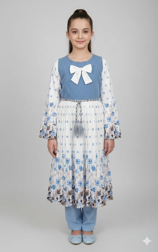 Girls Blue & White Floral Long Dress with Bow Detail – 12Y to 15Y