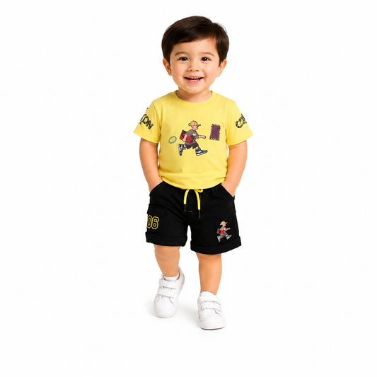 Boys Yellow Printed T-Shirt & Black Shorts Set