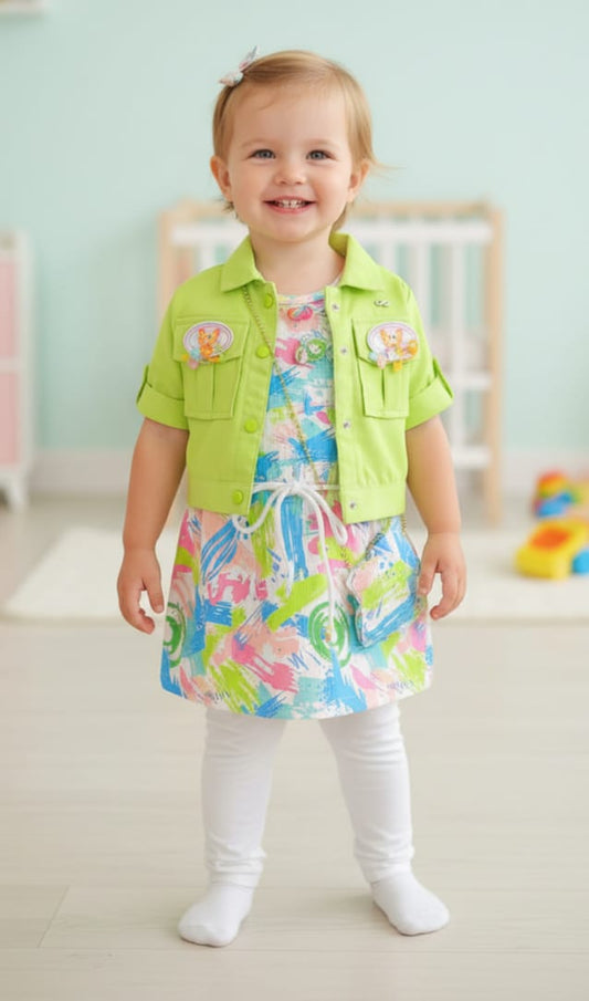 Girls Multi-Color Printed Dress with Green Jacket (3–10 Years)