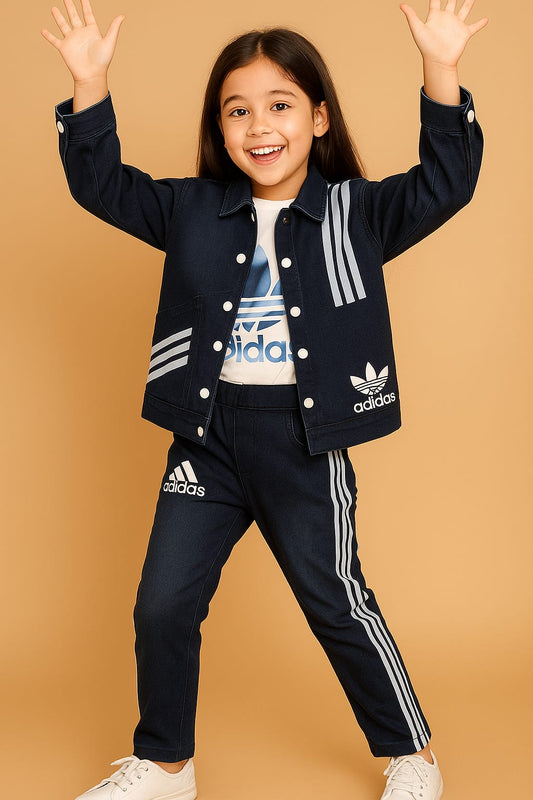 Navy Blue Adidas-Inspired Cord Set for Girls