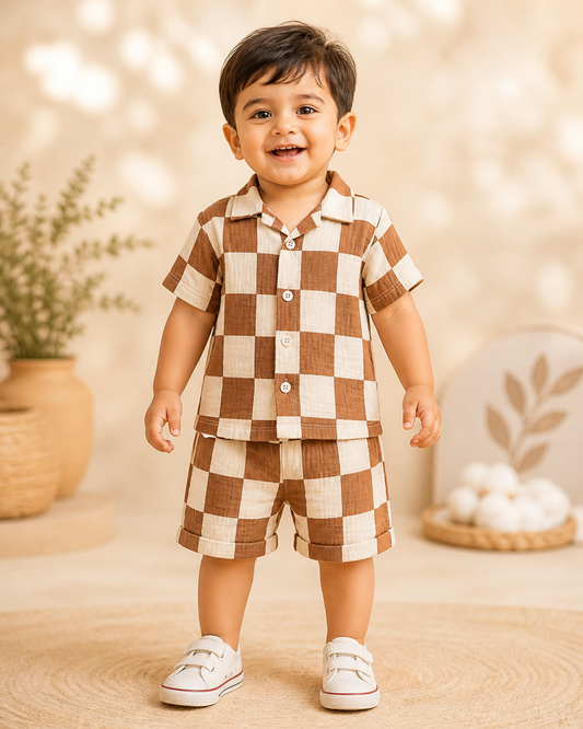 Brown & Cream Checkerboard Muslin Boys Shirt & Shorts Set | Premium Cotton | 1-3 Years
