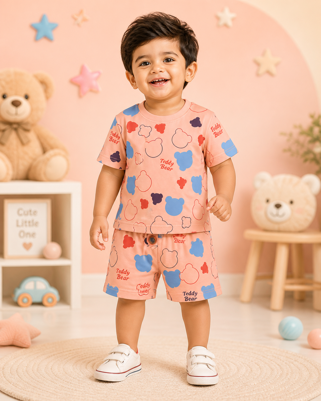 Peach Teddy Bear Print Baby Boys T-Shirt & Shorts Set | All-Over Print | 1-3 Years