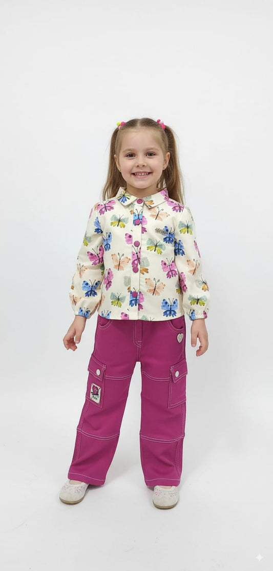Girls’ Butterfly Print Shirt with Magenta Cargo Pants – 4 to 12 Years