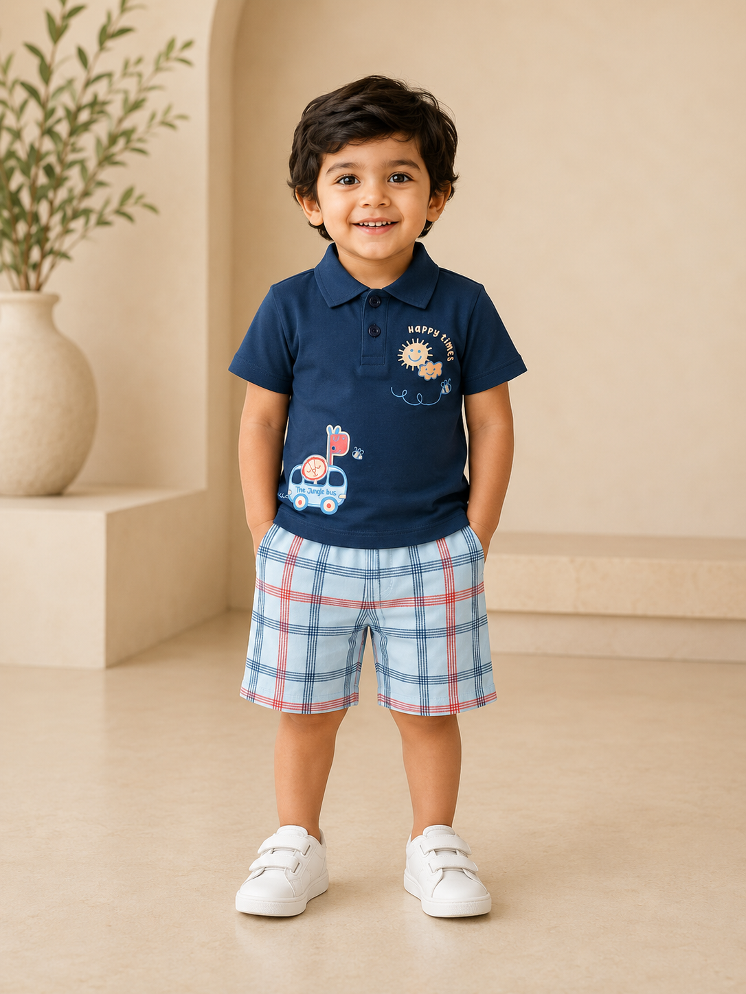 Happy Times Polo Tee with Checkered Shorts Set