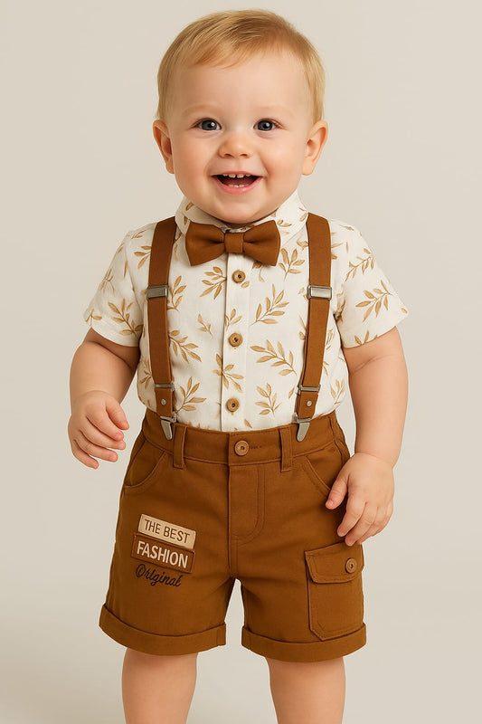 Baby Boys Stylish Bow & Suspenders Set – Green & Brown