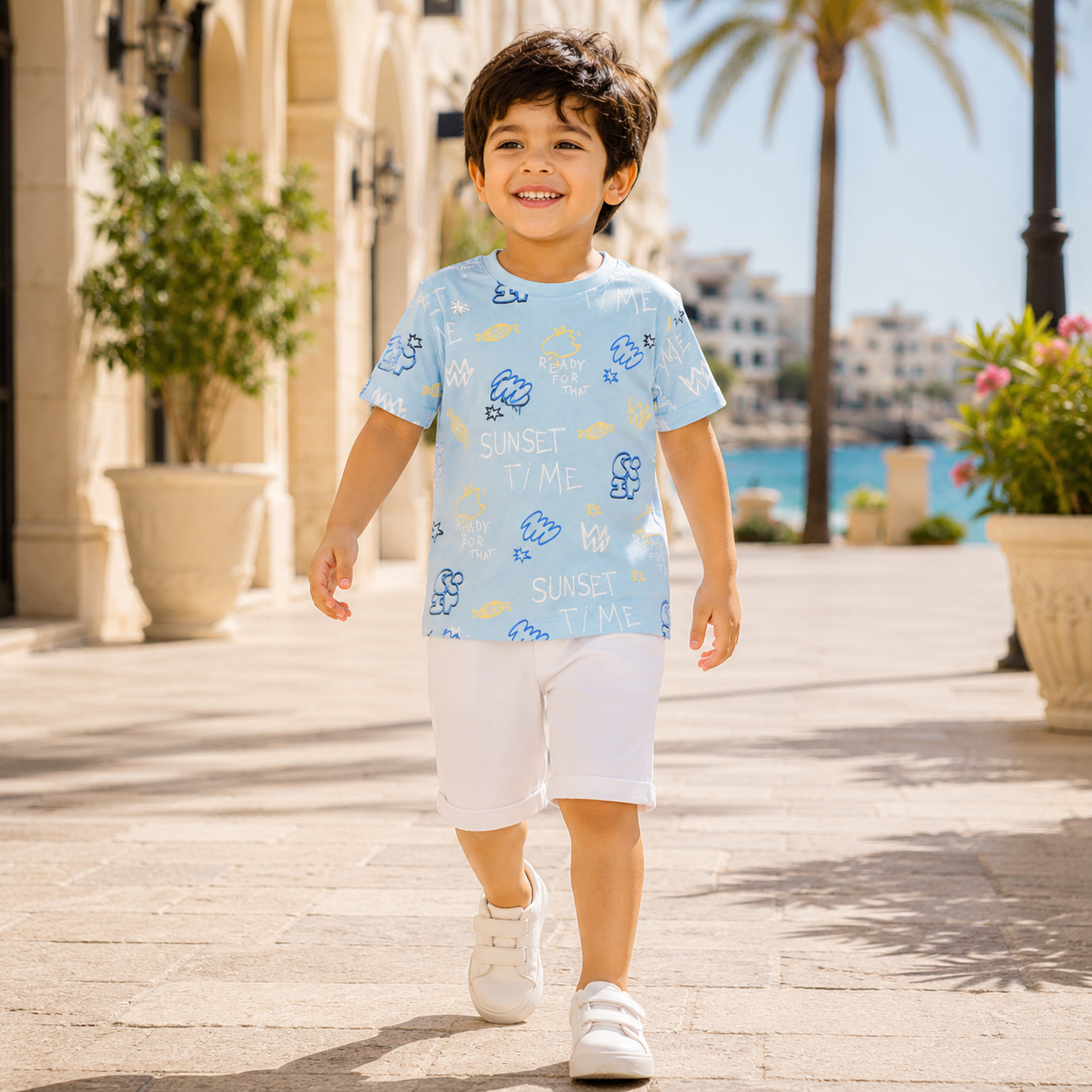 Sky Blue Sunset Time Doodle T-Shirt & White Shorts Set
