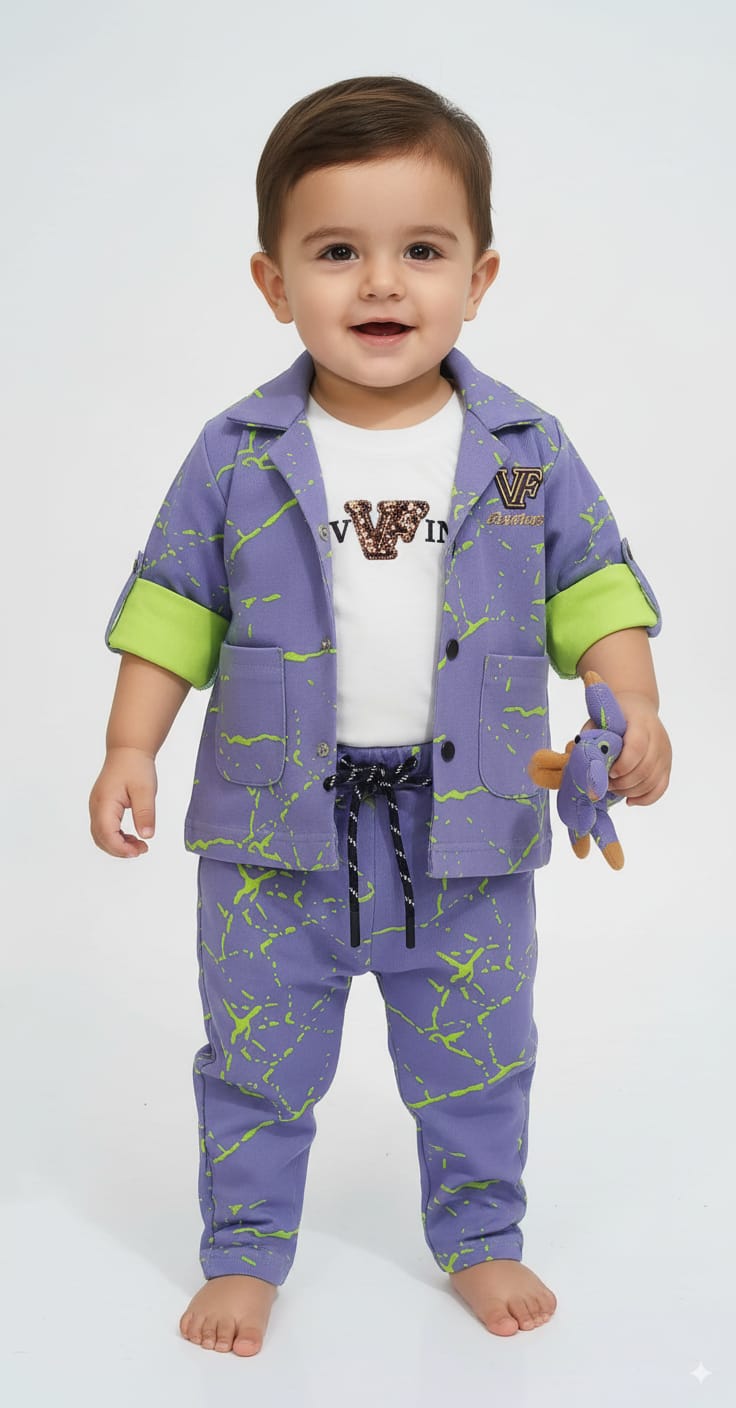 Stylish Purple & Green Printed Blazer Set for Boys (1–5 Years)