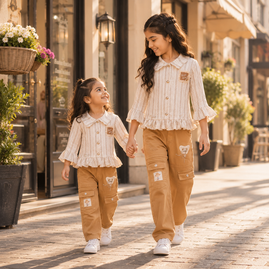 Cream Stripe Ruffle Top & Camel Cargo Pants Set