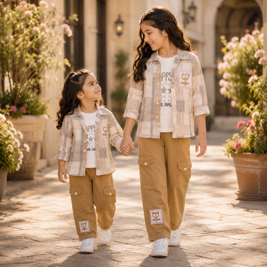 Beige Check Shirt & Camel Cargo Pants Co-ord Set