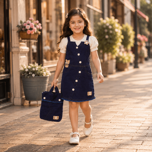 Navy Denim Dungaree Dress with Tote Bag
