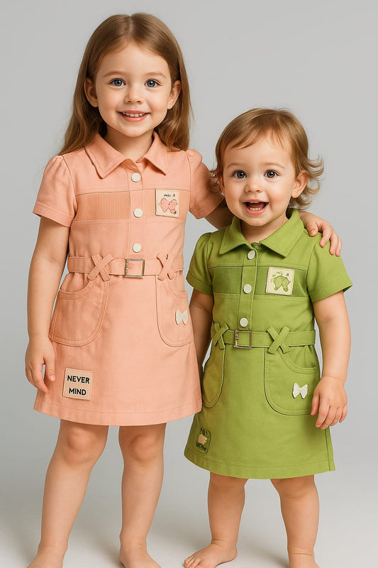 Peach & Green Style Belted Cotton Dresses
