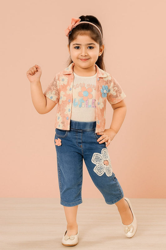 “Good Vibes Floral 3-Piece Set – Girls Denim Edition