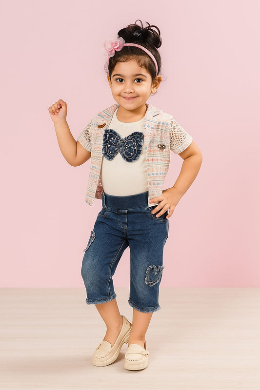 “Denim Bow Charm 3-Piece Set – Girls Special Look”