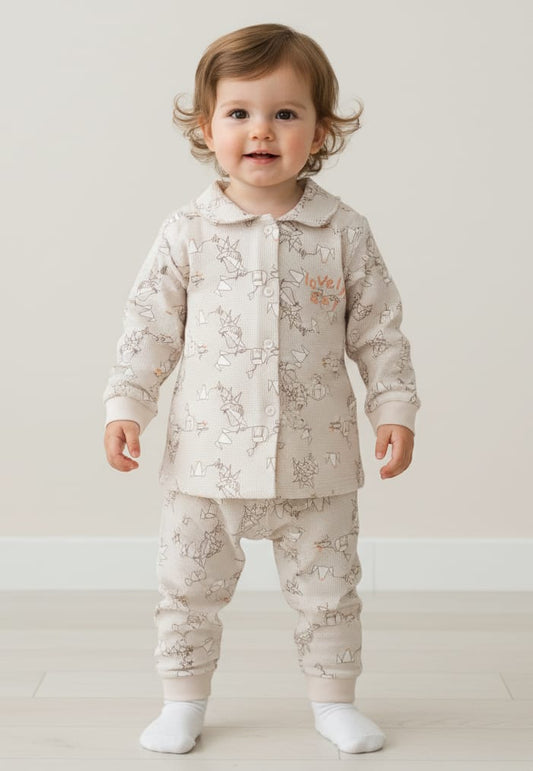 Baby Unisex Printed Button-Down Nightwear Set – Beige (1M to 1Y)