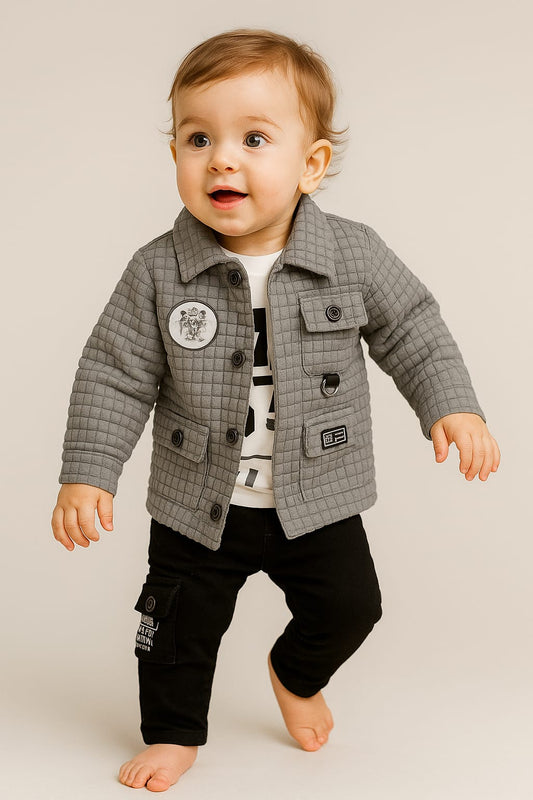 Grey Quilted Jacket with Cargo Pocket Pants – Boys Comfort Outfit