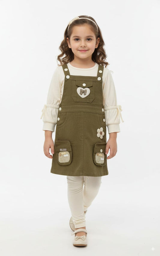 Girls Olive Green Dungaree Dress with Top – 4 to 12 Years